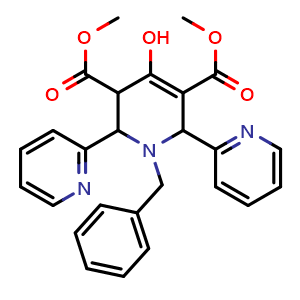 Chemical structure of Dimethyl 1'-benzyl-4'-hydroxy-1',2',3',6'-tetrahydro-[2,2':6',2''-terpyridine]-3',5'-dicarboxylate , CAS 126281-47-8, AChemBlock Y223482