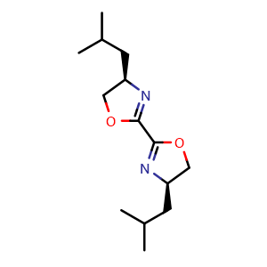 Chemical structure of (4R,4'R)-4,4'-Diisobutyl-4,4',5,5'-tetrahydro-2,2'-bioxazole , CAS 2270178-45-3, AChemBlock Y223546
