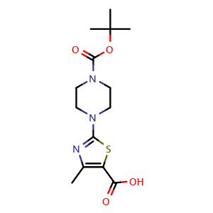 Chemical structure of 1-(1,1-Dimethylethyl) 4-(5-carboxy-4-methyl-2-thiazolyl)-1-piperazinecarboxylate , CAS 905807-80-9, AChemBlock Y223563