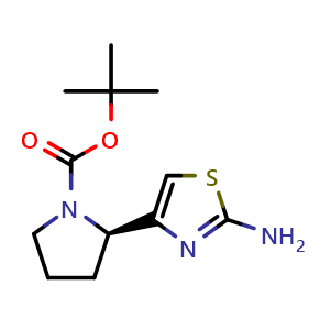 Chemical structure of tert-Butyl (r)-2-(2-aminothiazol-4-yl)pyrrolidine-1-carboxylate , CAS 871716-68-6, AChemBlock Y223586