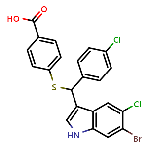 Chemical structure of 4-(((6-Bromo-5-chloro-1H-indol-3-yl)(4-chlorophenyl)methyl)thio)benzoic acid , CAS 2995289-00-2, AChemBlock Y223589