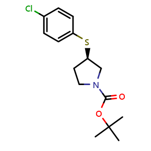 Chemical structure of (R)-tert-Butyl 3-((4-chlorophenyl)thio)pyrrolidine-1-carboxylate , CAS 1289585-33-6, AChemBlock Y223683