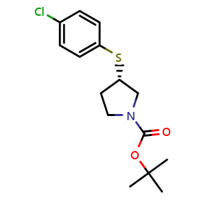 Chemical structure of (S)-tert-Butyl 3-((4-chlorophenyl)thio)pyrrolidine-1-carboxylate , CAS 1289585-03-0, AChemBlock Y223684