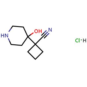 Chemical structure of 1-(4-Hydroxypiperidin-4-yl)cyclobutane-1-carbonitrile hydrochloride , CAS 2938997-51-2, AChemBlock Y223691