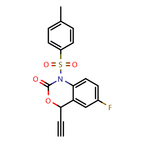 Chemical structure of 4-Ethynyl-6-fluoro-1-tosyl-1,4-dihydro-2H-benzo[d][1,3]oxazin-2-one , CAS 2093115-06-9, AChemBlock Y223695