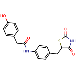 Chemical structure of N-(4-((2,4-Dioxothiazolidin-5-yl)methyl)phenyl)-2-(4-hydroxyphenyl)acetamide , CAS 195603-97-5, AChemBlock Y223777