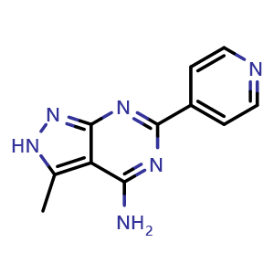 Chemical structure of 3-Methyl-6-(pyridin-4-yl)-2h-pyrazolo[3,4-d]pyrimidin-4-amine , CAS 158001-32-2, AChemBlock Y223792