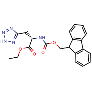 Chemical structure of (S)-Ethyl 2-((((9H-fluoren-9-yl)methoxy)carbonyl)amino)-3-(2H-tetrazol-5-yl)propanoate , CAS 1416445-14-1, AChemBlock Y223814