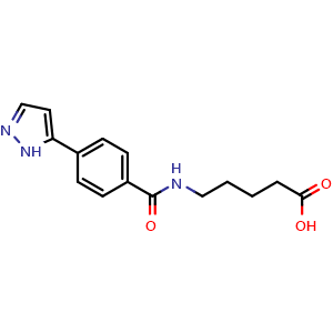 Chemical structure of 5-(4-(1H-Pyrazol-5-yl) benzamido)pentanoic acid , AChemBlock Y223815