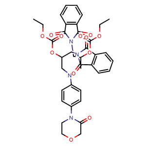 Chemical structure of Diethyl (((4-(3-Oxomorpholino)phenyl)azanediyl)bis(1-(1,3-dioxoisoindolin-2-yl)propane-3,2-diyl)) dicarbonate , CAS 1642601-00-0, AChemBlock Y223840