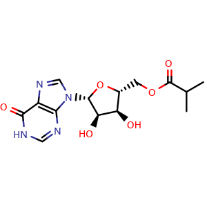 Chemical structure of ((2R,3S,4R,5R)-3,4-Dihydroxy-5-(6-oxo-1,6-dihydro-9H-purin-9-yl)tetrahydrofuran-2-yl)methyl isobutyrate , CAS 2973403-46-0, AChemBlock Y223873