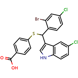 Chemical structure of 4-(((2-Bromo-4-chlorophenyl)(5-chloro-1H-indol-3-yl)methyl)thio)benzoic acid , CAS 2973762-93-3, AChemBlock Y223905