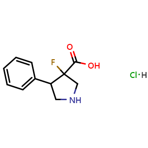 Chemical structure of 3-Fluoro-4-phenylpyrrolidine-3-carboxylic acid hydrochloride , CAS 1803585-32-1, AChemBlock Y223937