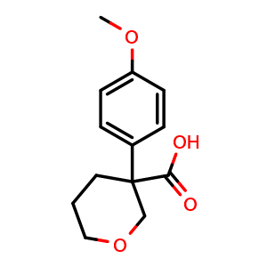 Chemical structure of Tetrahydro-3-(4-methoxyphenyl)-2H-pyran-3-carboxylic acid , CAS 2259643-10-0, AChemBlock Y223963
