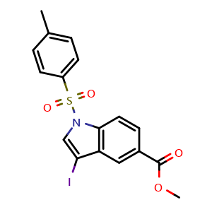 Chemical structure of Methyl 3-iodo-1-[(4-methylphenyl)sulfonyl]-1H-indole-5-carboxylate , CAS 1027787-65-0, AChemBlock Y223991