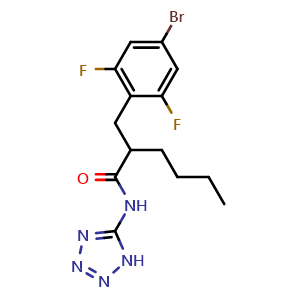 Chemical structure of 2-(4-Bromo-2,6-difluorobenzyl)-N-(1H-tetrazol-5-yl)hexanamide , CAS 2894832-04-1, AChemBlock Y224011