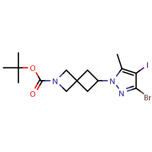 Chemical structure of tert-Butyl 6-(3-bromo-4-iodo-5-methyl-1H-pyrazol-1-yl)-2-azaspiro[3.3]heptane-2-carboxylate , CAS 2653202-14-1, AChemBlock Y224031