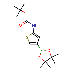 Chemical structure of 1,1-Dimethylethyl [4-(4,4,5,5-tetramethyl-1,3,2-dioxaborolan-2-yl)-2-thienyl]carbamate , CAS 943323-78-2, AChemBlock Y224091