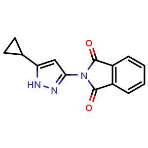 Chemical structure of 2-(5-cyclopropyl-1H-pyrazol-3-yl)isoindoline-1,3-dione , CAS 1035201-79-6, AChemBlock Y224262