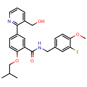 Chemical structure of N-(3-fluoro-4-methoxybenzyl)-5-(3-(hydroxymethyl)pyridin-2-yl)-2-isobutoxybenzamide , CAS 1804942-45-7, AChemBlock Y224307