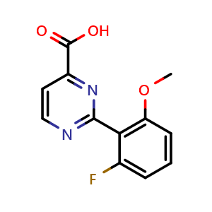 Chemical structure of 2-(2-fluoro-6-methoxyphenyl)pyrimidine-4-carboxylic acid , CAS 1502645-66-0, AChemBlock Y224348