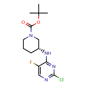 Chemical structure of (R)-tert-butyl 3-((2-chloro-5-fluoropyrimidin-4-yl)amino)piperidine-1-carboxylate , CAS 1421757-69-8, AChemBlock Y224380