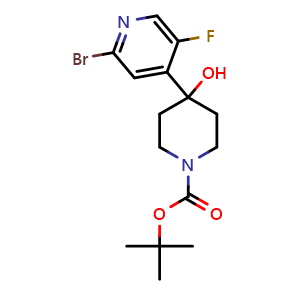 Chemical structure of tert-butyl 4-(2-bromo-5-fluoropyridin-4-yl)-4-hydroxypiperidine-1-carboxylate , CAS 2514957-86-7, AChemBlock Y224386