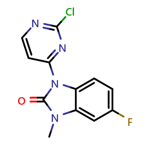 Chemical structure of 1-(2-chloropyrimidin-4-yl)-5-fluoro-3-methyl-1H-benzo[d]imidazol-2(3H)-one , CAS 2050908-30-8, AChemBlock Y224410