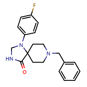 Chemical structure of 8-benzyl-1-(4-fluorophenyl)-1,3,8-triazaspiro[4.5]decan-4-one , CAS 85098-78-8, AChemBlock Y224416