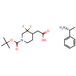 Chemical structure of (R)-1-phenylethan-1-amine 2-(1-(tert-butoxycarbonyl)-3,3-difluoropiperidin-4-yl)acetate , CAS 2227252-42-6, AChemBlock Y224438