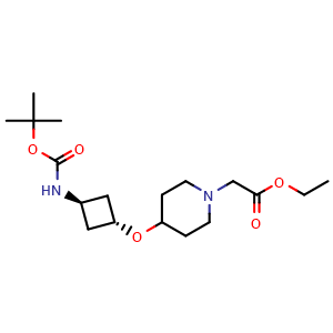 Chemical structure of ethyl 2-(4-((1r,3r)-3-((tert-butoxycarbonyl)amino)cyclobutoxy)piperidin-1-yl)acetate , CAS 2086301-45-1, AChemBlock Y224460