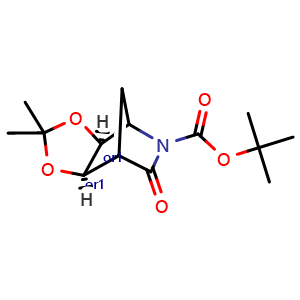 Chemical structure of exo-tert-butyl 2,2-dimethyl-6-oxotetrahydro-4,7-methano[1,3]dioxolo[4,5-c]pyridine-5(6H)-carboxylate , CAS 1160928-95-9, AChemBlock Y224473