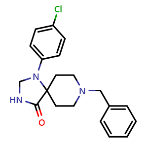 Chemical structure of 8-benzyl-1-(4-chlorophenyl)-1,3,8-triazaspiro[4.5]decan-4-one , CAS 976-96-5, AChemBlock Y224524