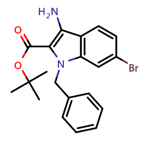 Chemical structure of 3-Amino-1-benzyl-6-bromo-1H-indole-2-carboxylic acid tert-butyl ester , CAS 2517899-13-5, AChemBlock Y224565