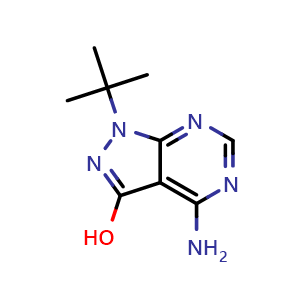 Chemical structure of 4-amino-1-tert-butyl-1H-pyrazolo[3,4-d]pyrimidin-3-ol , CAS 1151651-82-9, AChemBlock Y224566