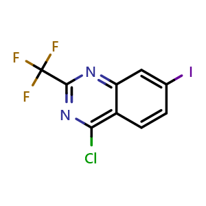 Chemical structure of 4-Chloro-7-iodo-2-trifluoromethyl-quinazoline , CAS 959237-77-5, AChemBlock Y224578