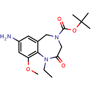 Chemical structure of tert-butyl 7-amino-1-ethyl-9-methoxy-2-oxo-2,3-dihydro-1H-benzo[e][1,4]diazepine-4(5H)-carboxylate , CAS 2514893-56-0, AChemBlock Y224664