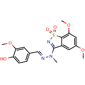 Chemical structure of (E)-3-(2-(4-hydroxy-3-methoxybenzylidene)-1-methylhydrazinyl)-5,7-dimethoxybenzo[d]isothiazole 1,1-dioxide , CAS 2095165-88-9, AChemBlock Y224671