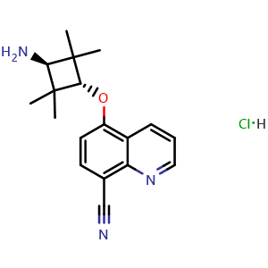 Chemical structure of 5-((1r,3r)-3-amino-2,2,4,4-tetramethylcyclobutoxy)quinoline-8-carbonitrile hydrochloride , CAS 2553106-16-2, AChemBlock Y224672