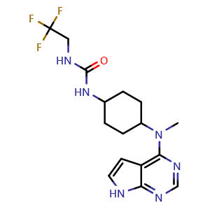 Chemical structure of 1-(4-(methyl(7H-pyrrolo[2,3-d]pyrimidin-4-yl)amino)cyclohexyl)-3-(2,2,2-trifluoroethyl)urea , CAS 2612339-53-2, AChemBlock Y224674