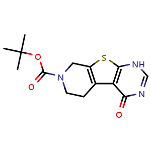 Chemical structure of tert-butyl 4-oxo-1,5,6,8-tetrahydropyrido[4',3':4,5]thieno[2,3-d]pyrimidine-7(4H)-carboxylate , CAS 874801-60-2, AChemBlock Y224678