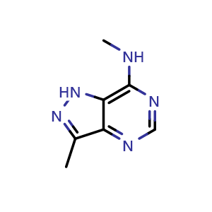 Chemical structure of N,3-dimethyl-1H-pyrazolo[4,3-d]pyrimidin-7-amine , CAS 1205610-59-8, AChemBlock Y224685