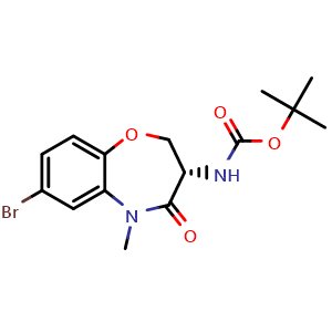 Chemical structure of tert-butyl (S)-(7-bromo-5-methyl-4-oxo-2,3,4,5-tetrahydrobenzo[b][1,4]oxazepin-3-yl)carbamate , CAS 1622853-07-9, AChemBlock Y224687