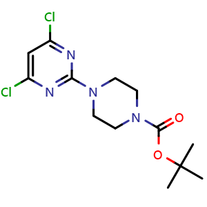 Chemical structure of 4-(4,6-Dichloro-pyrimidin-2-yl)-piperazine-1-carboxylic acid tert-butyl ester , CAS 1197341-88-0, AChemBlock Y224708
