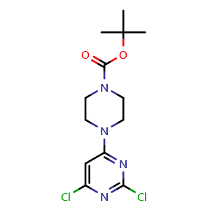 Chemical structure of 4-(2,6-Dichloro-pyrimidin-4-yl)-piperazine-1-carboxylic acid tert-butyl ester , CAS 1155306-28-7, AChemBlock Y224709