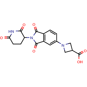 Chemical structure of 1-(2-(2,6-dioxopiperidin-3-yl)-1,3-dioxoisoindolin-5-yl)azetidine-3-carboxylic acid , CAS 2412058-13-8, AChemBlock Y224780