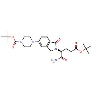 Chemical structure of tert-butyl (S)-4-(2-(1-amino-5-(tert-butoxy)-1,5-dioxopentan-2-yl)-1-oxoisoindolin-5-yl)piperazine-1-carboxylate , CAS 2229714-13-8, AChemBlock Y224786