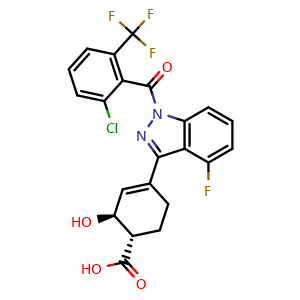 Chemical structure of (1S,2S)-4-(1-(2-chloro-6-(trifluoromethyl)benzoyl)-4-fluoro-1H-indazol-3-yl)-2-hydroxycyclohex-3-ene-1-carboxylic acid , CAS 1562374-72-4, AChemBlock Y224792