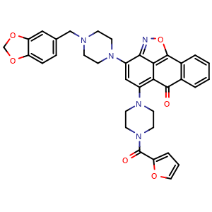 Chemical structure of 3-(4-(benzo[d][1,3]dioxol-5-ylmethyl)piperazin-1-yl)-5-(4-(furan-2-carbonyl)piperazin-1-yl)-6H-anthra[1,9-cd]isoxazol-6-one , CAS 902156-76-7, AChemBlock Y224793