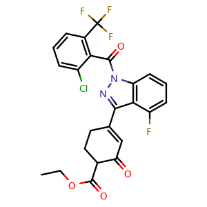 Chemical structure of ethyl 4-(1-(2-chloro-6-(trifluoromethyl)benzoyl)-4-fluoro-1H-indazol-3-yl)-2-oxocyclohex-3-ene-1-carboxylate , CAS 1562375-06-7, AChemBlock Y224795
